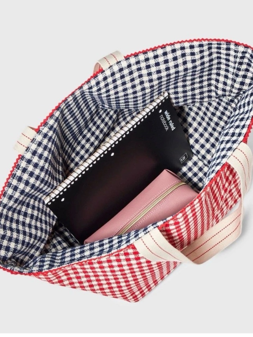 Spacious Reversible Canvas Tote Handbag -  Red & Navy Gingham - Picture 9 of 14